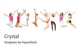  Presentation with united - Slides having sport clerk - jumping together united colleagues background and a  colored foreground