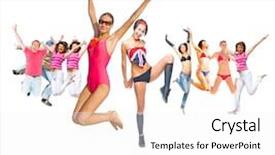  Presentation with multicultural people together - Colorful presentation design enhanced with sport clerk - people celebrating jumping together backdrop and a  colored foreground