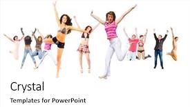  Presentation with team achievement - Beautiful PPT theme featuring sport clerk - team achievement jumping together backdrop and a  colored foreground