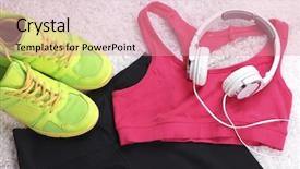  Presentation with headphones - Amazing PPT theme having sport clothes shoes and headphones backdrop and a coral colored foreground