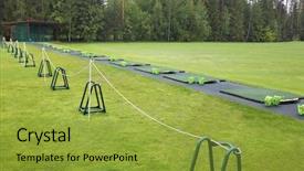  Presentation with golf course - PPT theme consisting of sport complex - starting area with baskets background and a gold colored foreground