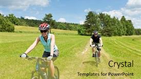  Presentation with bicycles - Colorful PPT layouts enhanced with sport couple riding mountain bicycles backdrop and a yellow colored foreground