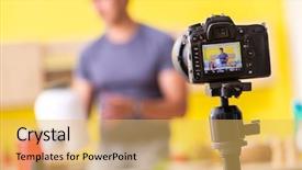  Presentation with food supplements - Theme consisting of sport doping - young man blogging about food background and a yellow colored foreground