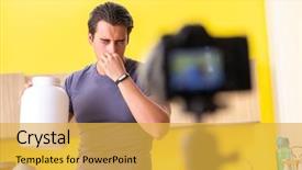  Presentation with food supplements - Presentation theme consisting of sport doping - young man blogging about food background and a yellow colored foreground