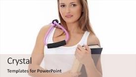  Presentation with happy young student girl holding - Presentation theme having sport education - young happy student woman isolated background and a  colored foreground