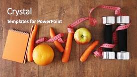  Presentation with food sport - Presentation enhanced with sport equipment healthy food wooden background and a red colored foreground