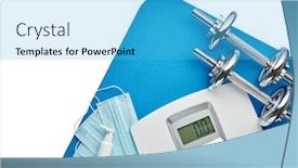  Presentation with weight control - Amazing theme having sport-equipment-scales-medical-masks backdrop and a cyan colored foreground