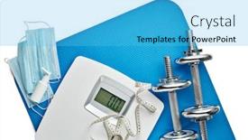  Presentation with medical equipment - Theme with sport-equipment-scales-medical-masks background and a cyan colored foreground