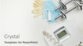  Presentation with weight control - Cool new slides with sport-equipment-scales-medical-masks backdrop and a sky blue colored foreground