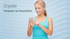  Presentation with healthcare technology - Colorful presentation theme enhanced with sport excercise technology internet and healthcare - sporty woman with smartphone backdrop and a sky blue colored foreground