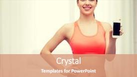  Presentation with healthcare technology - Theme consisting of sport excercise technology internet and healthcare - sporty woman with blank smartphone screen background and a coral colored foreground