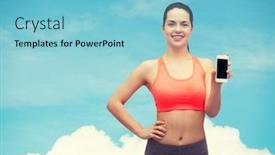  Presentation with healthcare technology - Presentation having sport excercise technology internet and healthcare - sporty woman with blank smartphone screen background and a light blue colored foreground