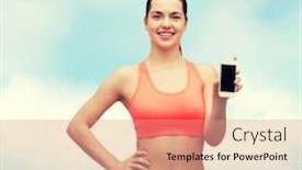  Presentation with healthcare technology - PPT theme having sport excercise technology internet and healthcare - sporty woman with blank smartphone screen background and a coral colored foreground