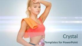  Presentation with exercise sport - Colorful PPT theme enhanced with sport exercise and healthcare concept - tired sporty woman with orange towel and water bottle backdrop and a sky blue colored foreground