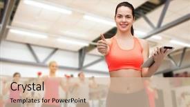  Presentation with healthcare technology - Colorful theme enhanced with sport exercise technology internet and healthcare - sporty woman with tablet pc computer showing thumbs up backdrop and a soft green colored foreground