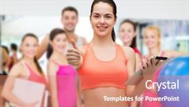  Presentation with healthcare technology - Colorful PPT layouts enhanced with sport exercise technology internet and healthcare - sporty woman with tablet pc computer showing thumbs up backdrop and a coral colored foreground