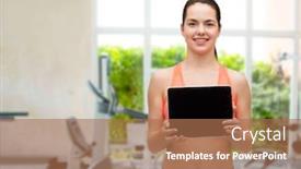  Presentation with healthcare technology - Slide set enhanced with sport exercise technology internet and healthcare - sporty woman with tablet pc blank screen background and a coral colored foreground