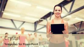  Presentation with healthcare technology - Audience pleasing PPT theme consisting of sport exercise technology internet and healthcare - sporty woman with tablet pc blank screen backdrop and a lemonade colored foreground