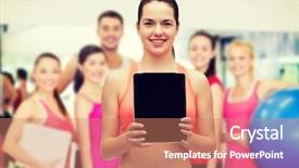  Presentation with healthcare technology - Amazing PPT layouts having sport exercise technology internet and healthcare - sporty woman with tablet pc blank screen backdrop and a coral colored foreground