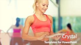  Presentation with healthcare technology - Cool new presentation design with sport exercise technology internet and healthcare concept - smiling sporty woman with tablet pc computer backdrop and a coral colored foreground