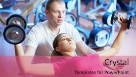  Presentation with pretty girl - Beautiful presentation theme featuring sport facility - portrait of pretty girl training backdrop and a coral colored foreground