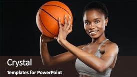  Presentation with basketball referee holding a basketball - Presentation theme with sport female - portrait of happy woman background and a tawny brown colored foreground