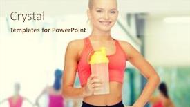  Presentation with protein shake - PPT layouts consisting of sport fitness and diet concept - smiling sporty woman with protein shake bottle background and a cream colored foreground