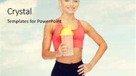  Presentation with protein shake - Theme having sport fitness and diet concept - smiling sporty woman with protein shake bottle background and a lemonade colored foreground