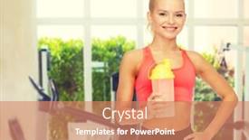  Presentation with protein shake - Audience pleasing presentation consisting of sport fitness and diet concept - smiling sporty woman with protein shake bottle backdrop and a coral colored foreground