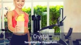  Presentation with protein shake - Slide set having sport fitness and diet concept - smiling sporty woman with protein shake bottle background and a navy blue colored foreground