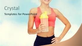  Presentation with protein shake - Theme with sport fitness and diet concept - smiling sporty woman with protein shake bottle background and a sky blue colored foreground