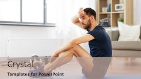  Presentation with exercise mat - PPT theme enhanced with sport fitness and healthy lifestyle concept - tired man sitting on exercise mat at home background and a mint green colored foreground
