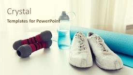  Presentation with sneakers - Presentation design featuring sport fitness and objects concept - close up of bottle with water dumbbells sneakers and sports mat at home background and a cream colored foreground