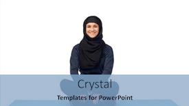  Presentation with hijab - Presentation design enhanced with sport fitness and people concept - happy smiling muslim woman in hijab sitting on mat background and a light blue colored foreground