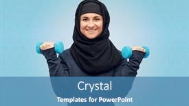  Presentation with sport blue - Presentation design featuring sport fitness and people concept - happy muslim woman in hijab with dumbbells doing exercises over blue background background and a teal colored foreground
