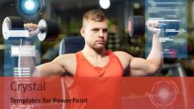  Presentation with flexing - Theme with sport fitness bodybuilding and people concept - young man with dumbbells flexing muscles in gym over virtual charts background and a red colored foreground