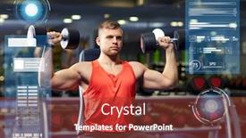  Presentation with flexing - Amazing PPT layouts having sport fitness bodybuilding and people concept - young man with dumbbells flexing muscles in gym over virtual charts backdrop and a tawny brown colored foreground