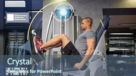  Presentation with bodybuilding - Colorful presentation theme enhanced with sport fitness bodybuilding exercising and people concept - man flexing leg muscles on gym machine over virtual charts backdrop and a ocean colored foreground