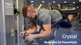  Presentation with bodybuilding - Colorful PPT layouts enhanced with sport fitness bodybuilding lifestyle and people concept - man exercising and flexing muscles on leg curl machine in gym backdrop and a ocean colored foreground