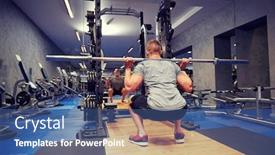  Presentation with bodybuilding - Cool new PPT theme with sport fitness bodybuilding lifestyle and people concept - young man with bar flexing muscles in gym backdrop and a ocean colored foreground