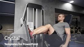  Presentation with bodybuilding - PPT theme featuring sport fitness bodybuilding lifestyle and people concept - man exercising and flexing leg muscles on gym machine background and a gray colored foreground