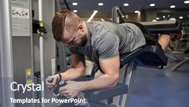  Presentation with bodybuilding - Theme with sport fitness bodybuilding lifestyle and people concept - man exercising and flexing muscles on leg curl machine in gym background and a gray colored foreground
