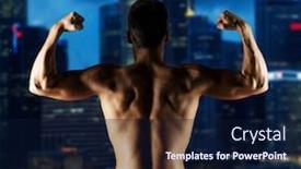 Presentation with city night - Presentation theme featuring sport fitness bodybuilding strength and people concept - young man or bodybuilder showing biceps over night city background background and a navy blue colored foreground