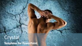  Presentation with bodybuilding - Slide set enhanced with sport fitness bodybuilding strength and people concept - young man or bodybuilder showing muscles over concrete wall background from back background and a teal colored foreground