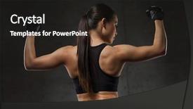  Presentation with weightlifting - Presentation having sport fitness bodybuilding weightlifting and people concept - young woman flexing muscles in gym background and a dark gray colored foreground
