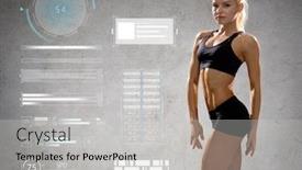  Presentation with weightlifting - PPT layouts featuring sport fitness bodybuilding weightlifting and people concept - young woman in sportswear posing and showing muscles over gray background background and a light gray colored foreground