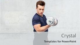  Presentation with bodybuilding - Colorful slide set enhanced with sport fitness exercising bodybuilding and people concept - happy sportive man with dumbbell flexing muscles over concrete wall background backdrop and a light gray colored foreground