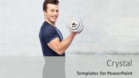  Presentation with bodybuilding - Colorful slide deck enhanced with sport fitness exercising bodybuilding and people concept - happy smiling sportive young man with dumbbell flexing muscles over concrete wall background backdrop and a light gray colored foreground