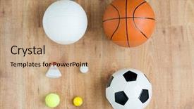  Presentation with variety of sports equipment - Cool new PPT theme with sport fitness game sports equipment backdrop and a coral colored foreground