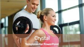  Presentation with barbell - Presentation with sport fitness lifestyle and people concept - smiling man and woman with barbell exercising in gym background and a coral colored foreground